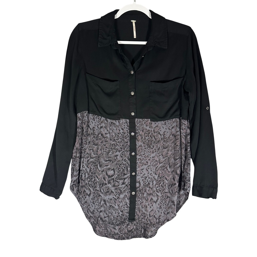 Free People Black Animal Print Button Down Shirt Sz M Roll Tab Sleeve Round Hem